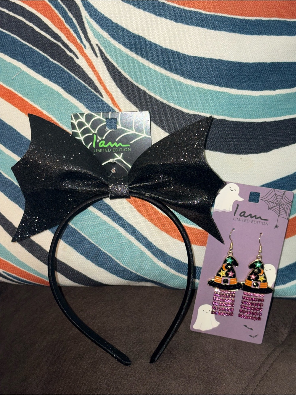 Black Glitter Bow Headband with Witch Earrings